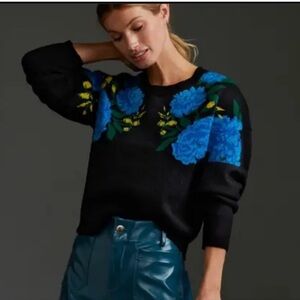 Anthropologie Maeve Black Sweater with Blue Floral Design
